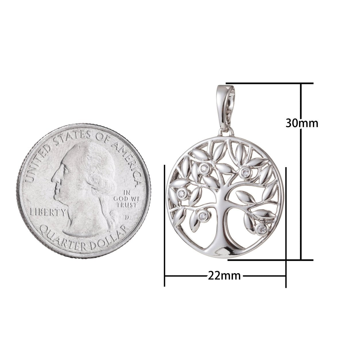 1pc White Gold plated Micro Pave CZ Tree of Life Pendant Charm, Micro Pave CZ Pendant Charm, White Gold plated Pendant, For DIY Jewelry - DLUXCA