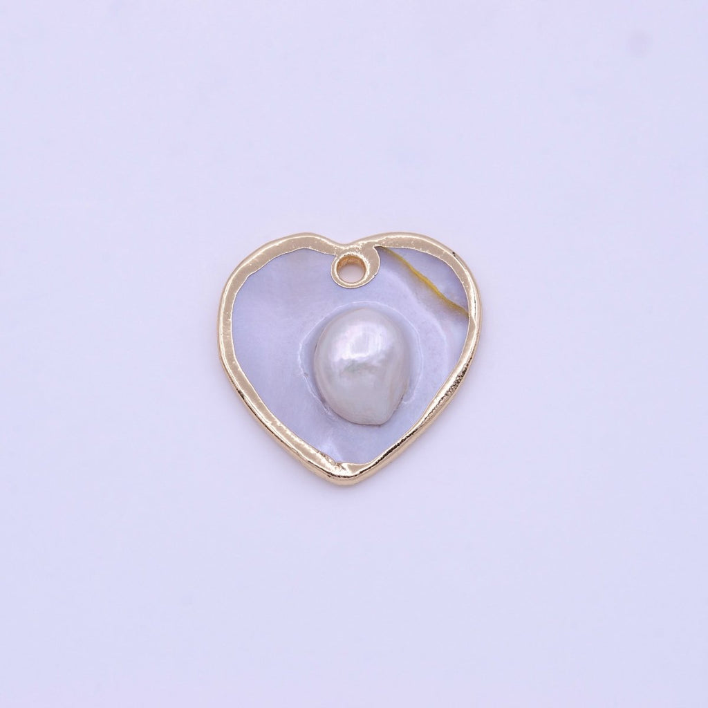 1pc Wholesale Natural Mother of Pearl Charm Abstract Heart Shape Aprox 20mm, Gold / Silver Frame Charm P-1835 P-1836