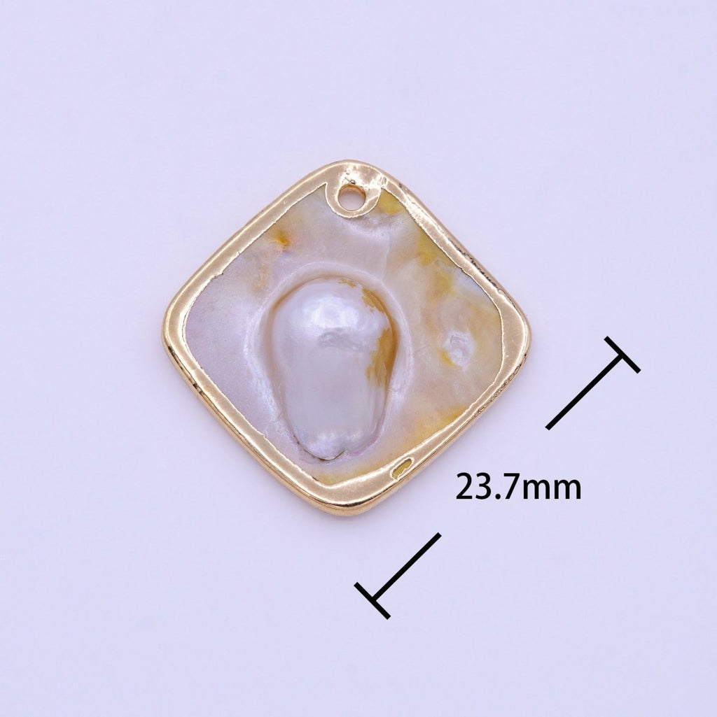 1pc Wholesale Natural Mother of Pearl Charm Abstract Rhombus Shape Aprox 23.7mm, Gold / Silver Frame Charm P-1841 P-1842