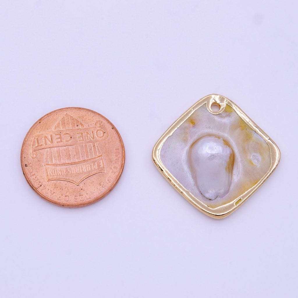 1pc Wholesale Natural Mother of Pearl Charm Abstract Rhombus Shape Aprox 23.7mm, Gold / Silver Frame Charm P-1841 P-1842