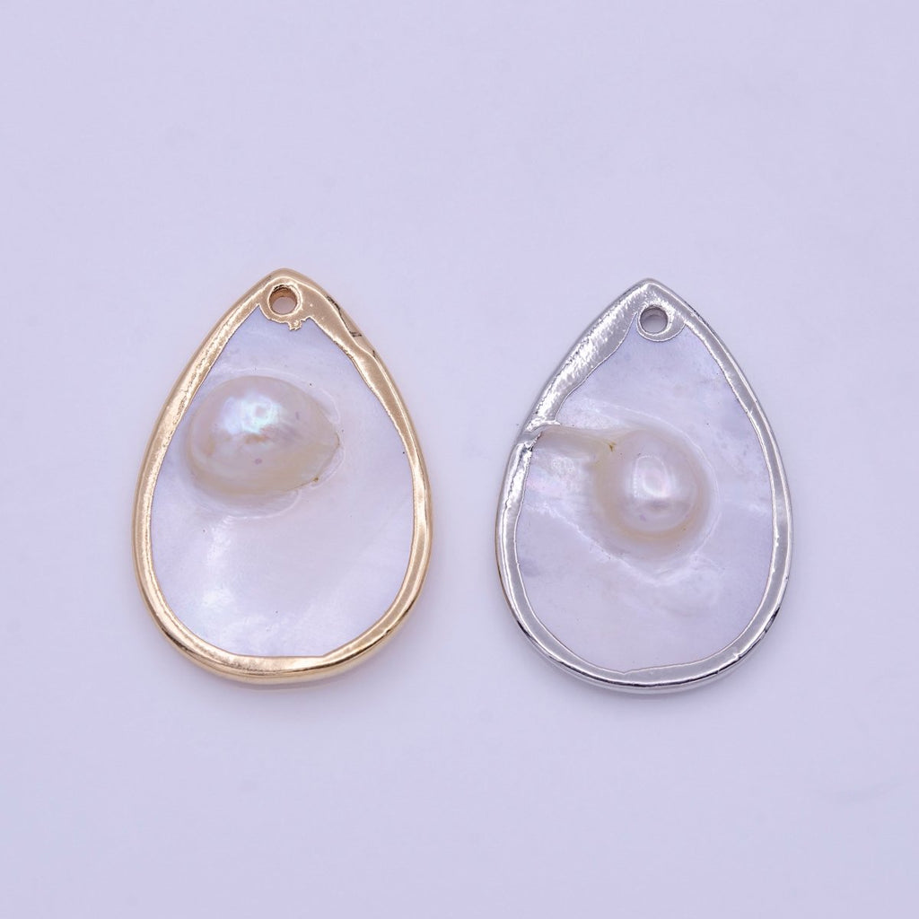 1pc Wholesale Natural Mother of Pearl Charm Abstract Tear Drop Pear Shape Aprox 20x29mm, Gold / Silver Frame Charm P-1839 P-1840