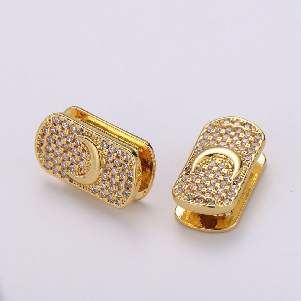1x 14k Gold plated Moon Spacer Bead for Bracelet Connector Cubic Zirconia Beads Flat Rectangle Shape Micro pave Spacer Beads - DLUXCA