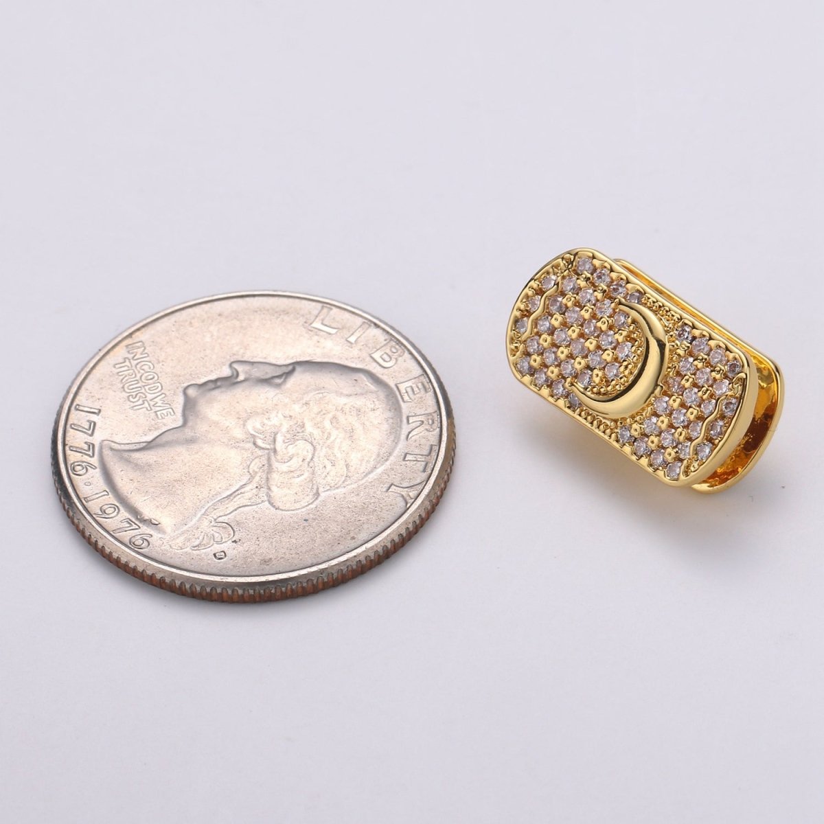 1x 14k Gold plated Moon Spacer Bead for Bracelet Connector Cubic Zirconia Beads Flat Rectangle Shape Micro pave Spacer Beads - DLUXCA