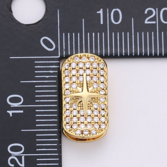1x 14k Gold plated Star Spacer Bead for Bracelet Connector Cubic Zirconia Beads Flat Rectangle Shape Micro pave Spacer Beads, BDGF-411 - DLUXCA