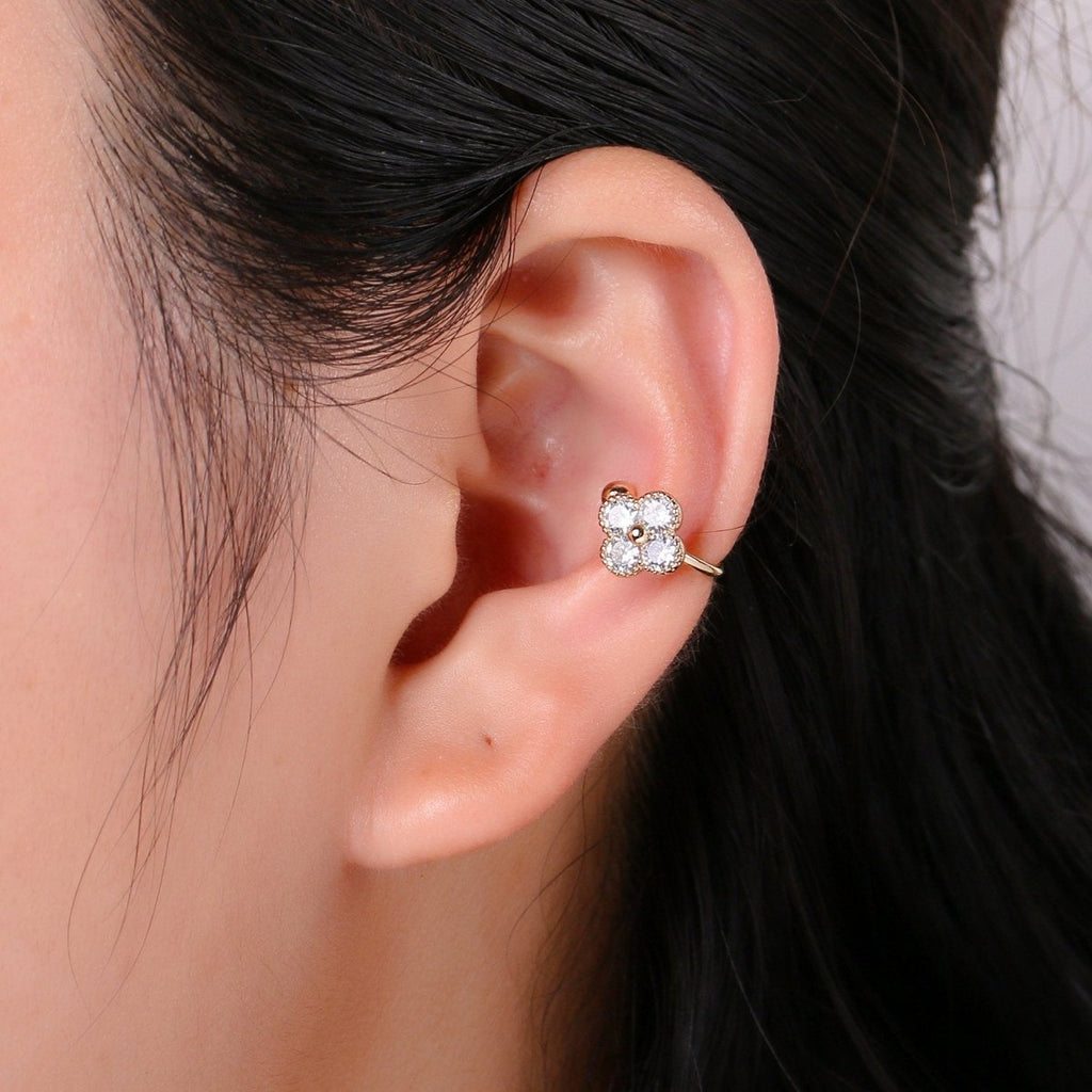 1x Gold Ear Cuff, Flower cuff, Micro Pavé Cubic zirconia, gold cuff, cz diamonds, no piercing cartilage earrings, Christmas gift for her AI-135 - DLUXCA