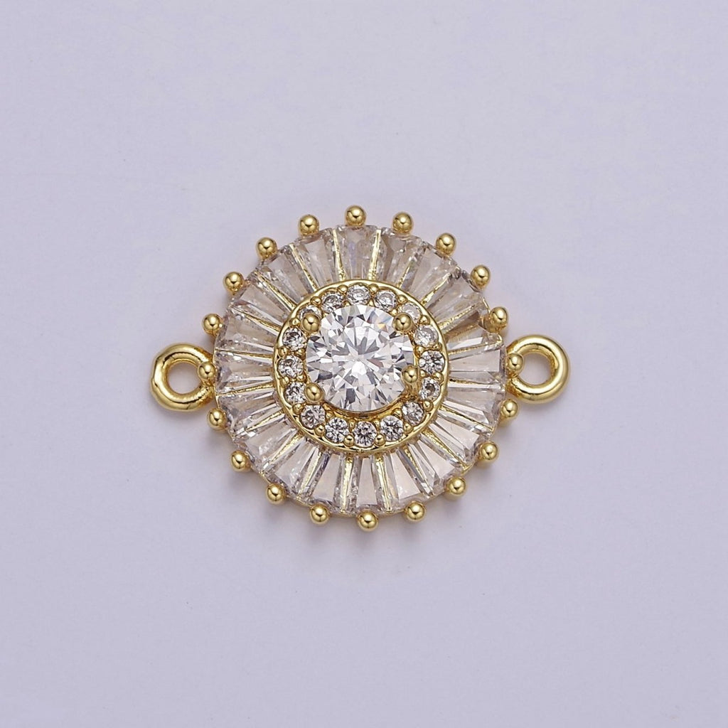 20.6x15.2mm 24k Gold plated Pave Circle Bracelet Charm, Baguette Stone Bracelet Charm, Two-Hole Round Charm, Pave Sunburs Link Connector F-116 F-117 F-122 F-132 F-155 - DLUXCA