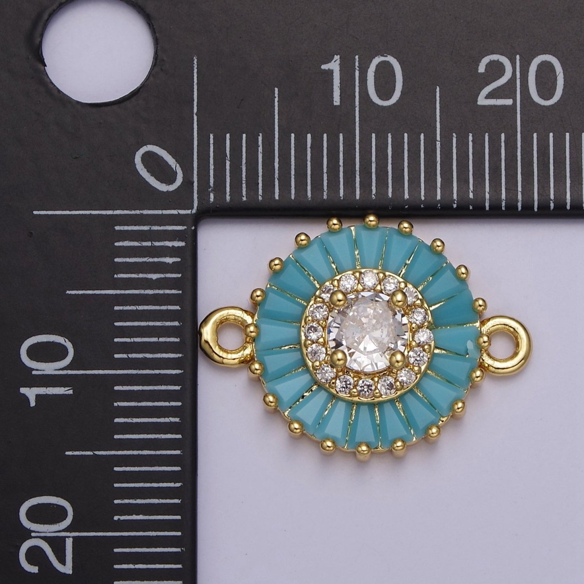 20.6x15.2mm 24k Gold plated Pave Circle Bracelet Charm, Baguette Stone Bracelet Charm, Two-Hole Round Charm, Pave Sunburs Link Connector F-116 F-117 F-122 F-132 F-155 - DLUXCA