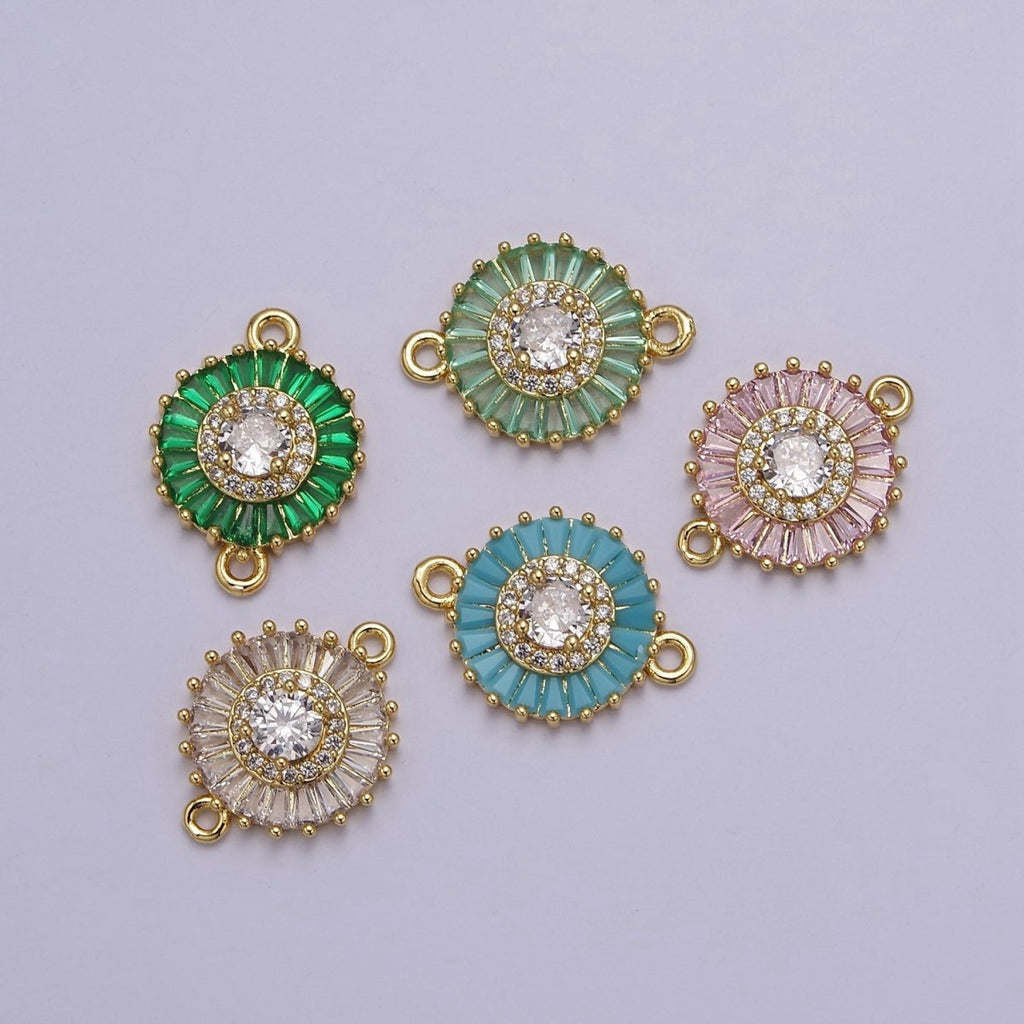 20.6x15.2mm 24k Gold plated Pave Circle Bracelet Charm, Baguette Stone Bracelet Charm, Two-Hole Round Charm, Pave Sunburs Link Connector F-116 F-117 F-122 F-132 F-155 - DLUXCA