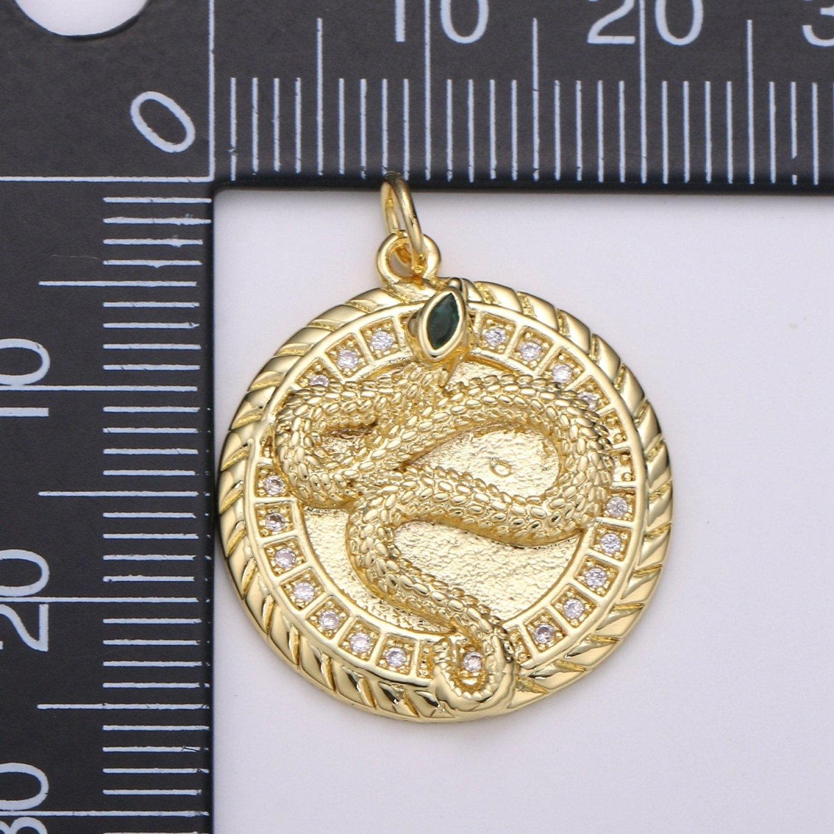 21mm 14k Gold plated Snake Medallion CZ Pave Snake Charms, Green Eye Serpent Pendant, Micro Pave Snake Charm Coin Disc Snake Medallion D-225 - DLUXCA