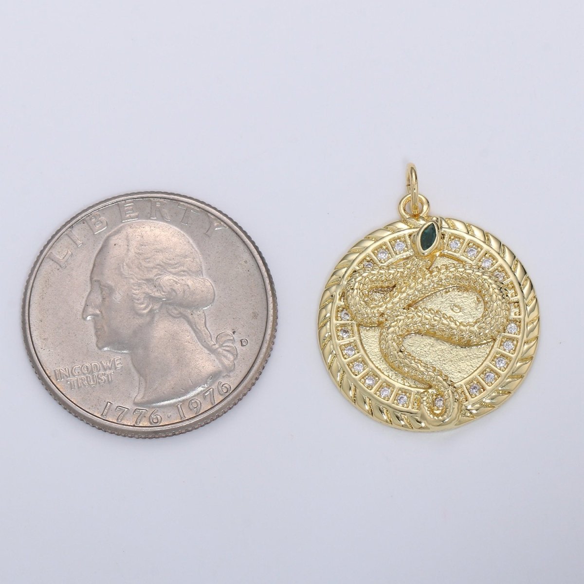 21mm 14k Gold plated Snake Medallion CZ Pave Snake Charms, Green Eye Serpent Pendant, Micro Pave Snake Charm Coin Disc Snake Medallion D-225 - DLUXCA