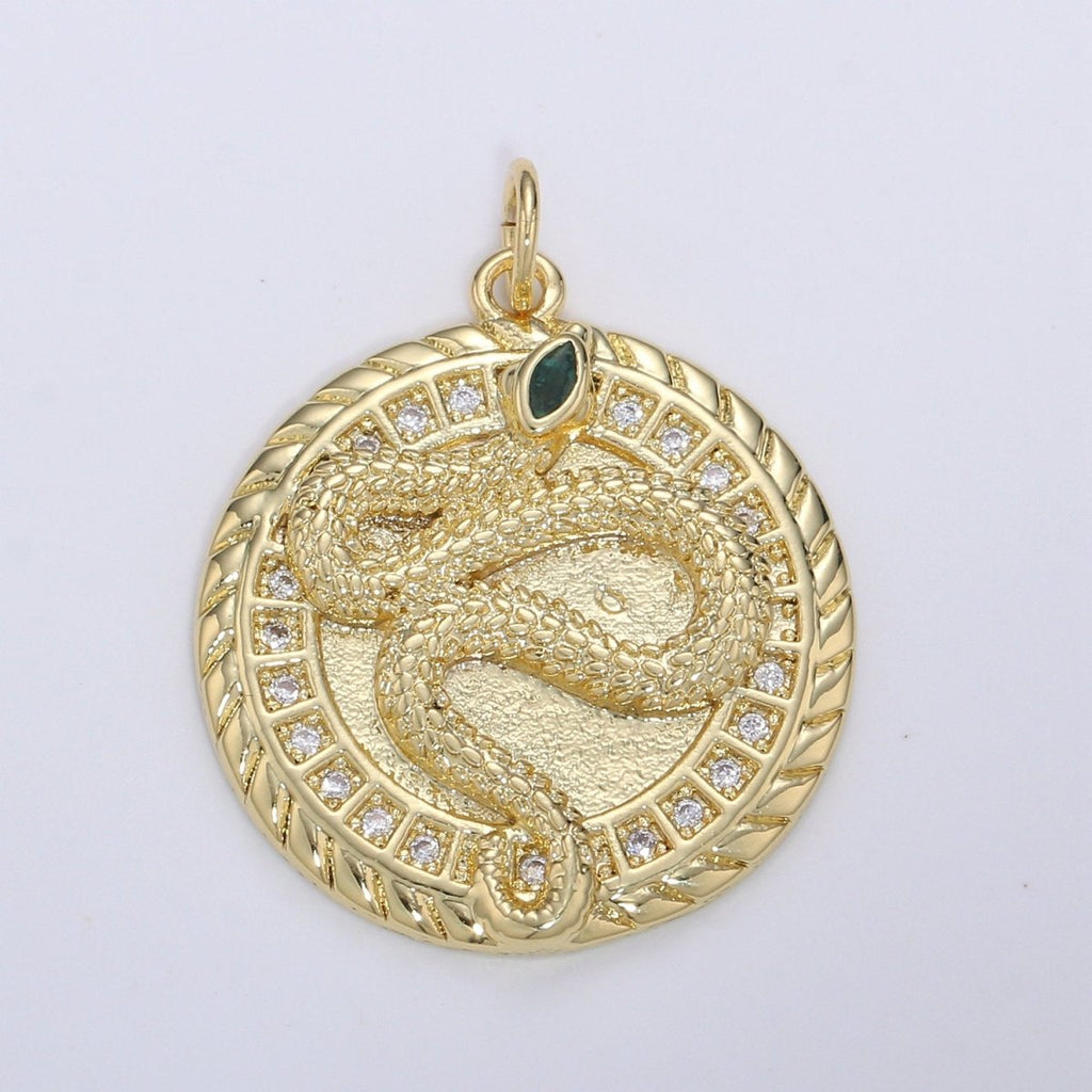 21mm 14k Gold plated Snake Medallion CZ Pave Snake Charms, Green Eye Serpent Pendant, Micro Pave Snake Charm Coin Disc Snake Medallion D-225 - DLUXCA