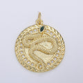 21mm 14k Gold plated Snake Medallion CZ Pave Snake Charms, Green Eye Serpent Pendant, Micro Pave Snake Charm Coin Disc Snake Medallion D-225 - DLUXCA