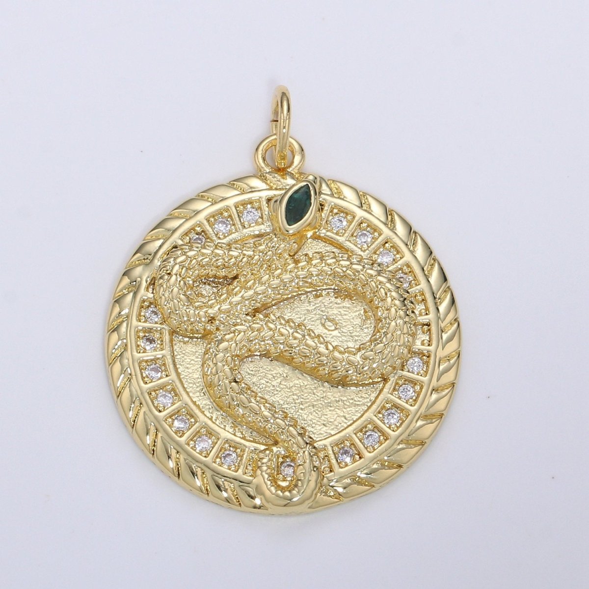 21mm 14k Gold plated Snake Medallion CZ Pave Snake Charms, Green Eye Serpent Pendant, Micro Pave Snake Charm Coin Disc Snake Medallion D-225 - DLUXCA