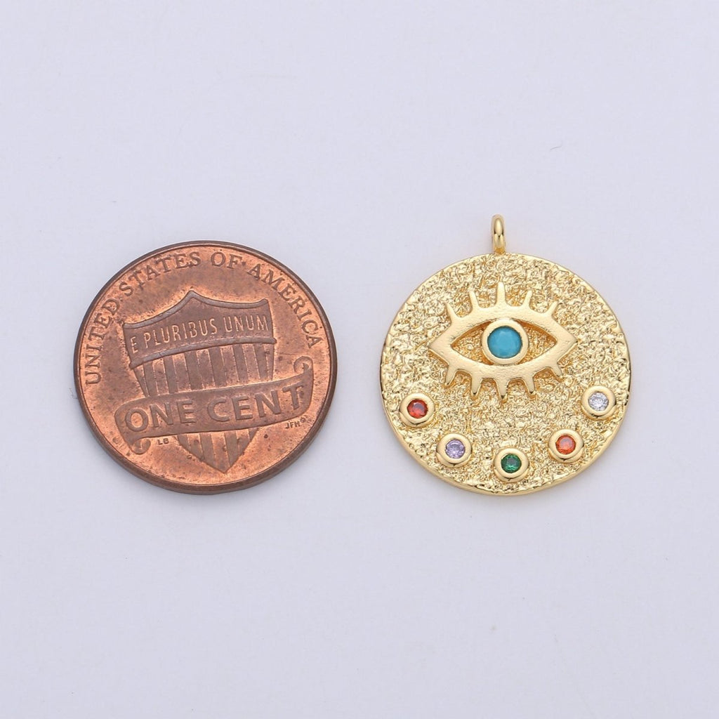 22mm Evil Eye Circle Disc Charm - 14k gold plated protection eye of Ra round pendant Cubic Eye Charm for Necklace Component C-860 - DLUXCA