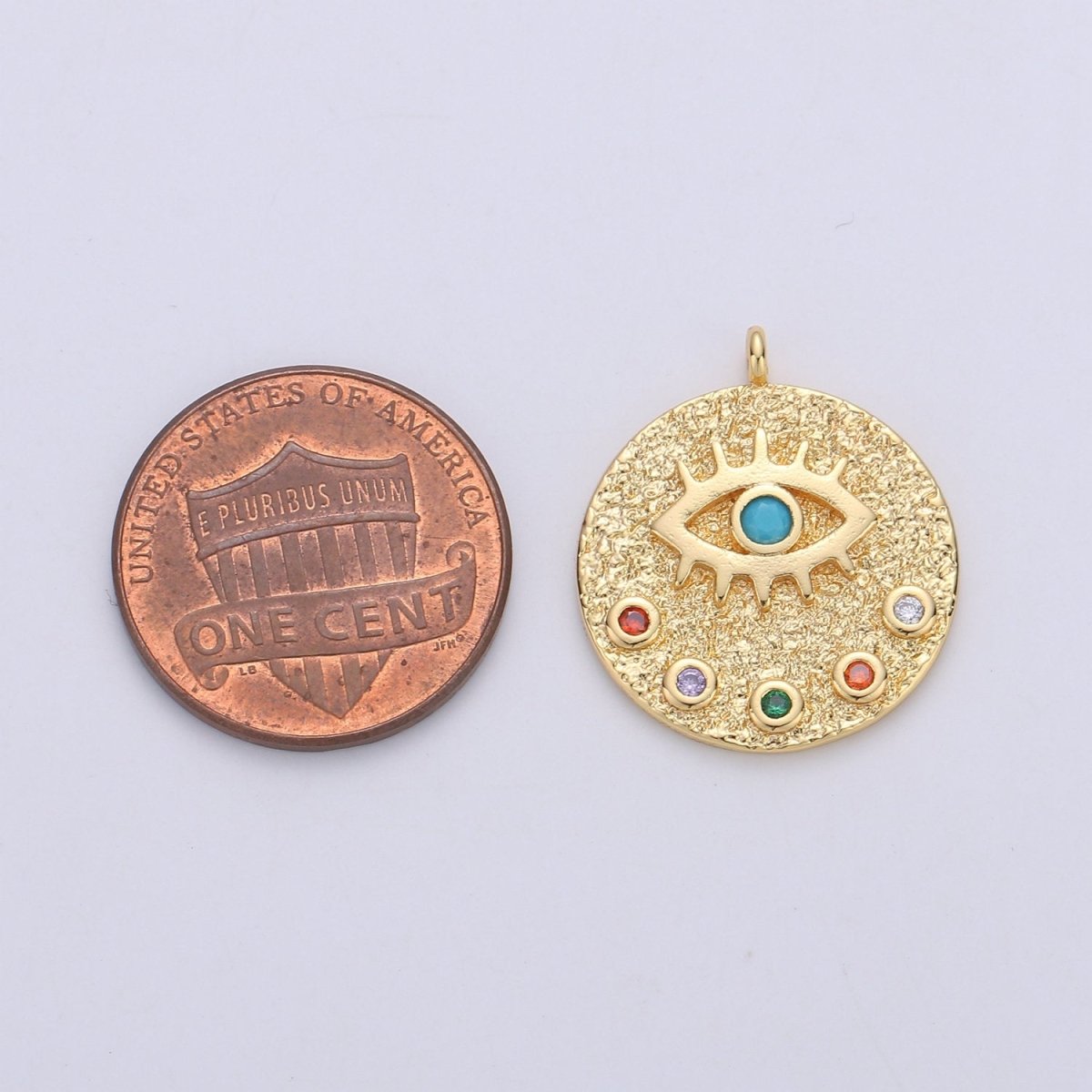 22mm Evil Eye Circle Disc Charm - 14k gold plated protection eye of Ra round pendant Cubic Eye Charm for Necklace Component C-860 - DLUXCA