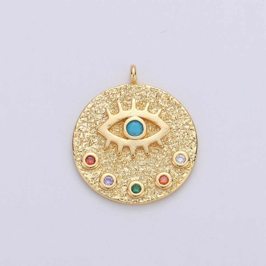 22mm Evil Eye Circle Disc Charm - 14k gold plated protection eye of Ra round pendant Cubic Eye Charm for Necklace Component C-860 - DLUXCA