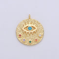 22mm Evil Eye Circle Disc Charm - 14k gold plated protection eye of Ra round pendant Cubic Eye Charm for Necklace Component C-860 - DLUXCA