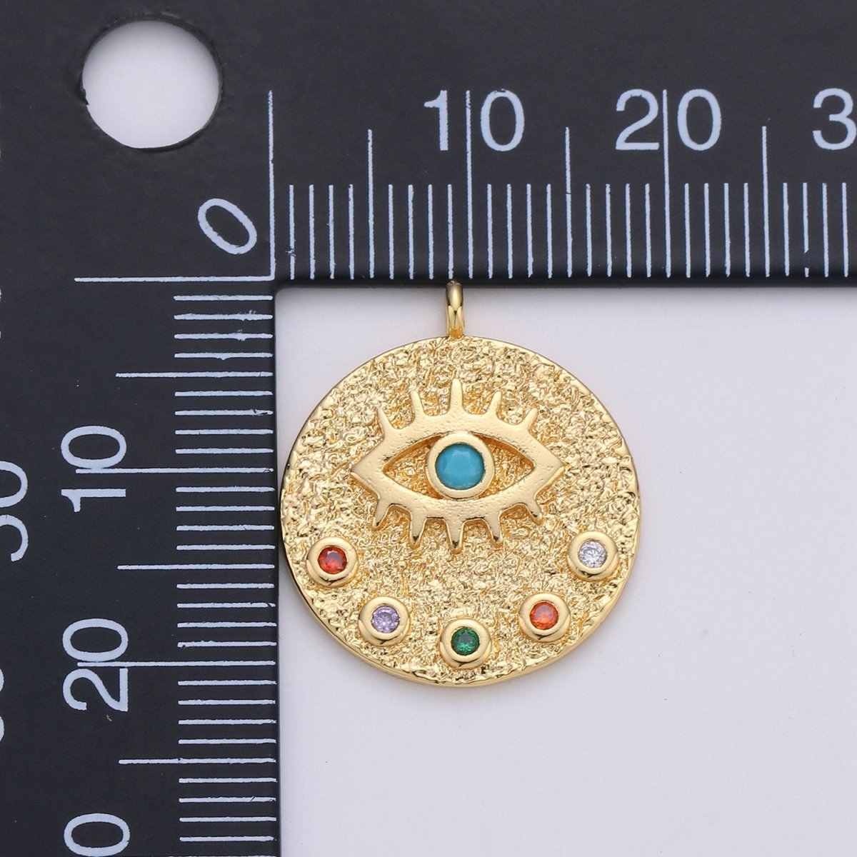 22mm Evil Eye Circle Disc Charm - 14k gold plated protection eye of Ra round pendant Cubic Eye Charm for Necklace Component C-860 - DLUXCA