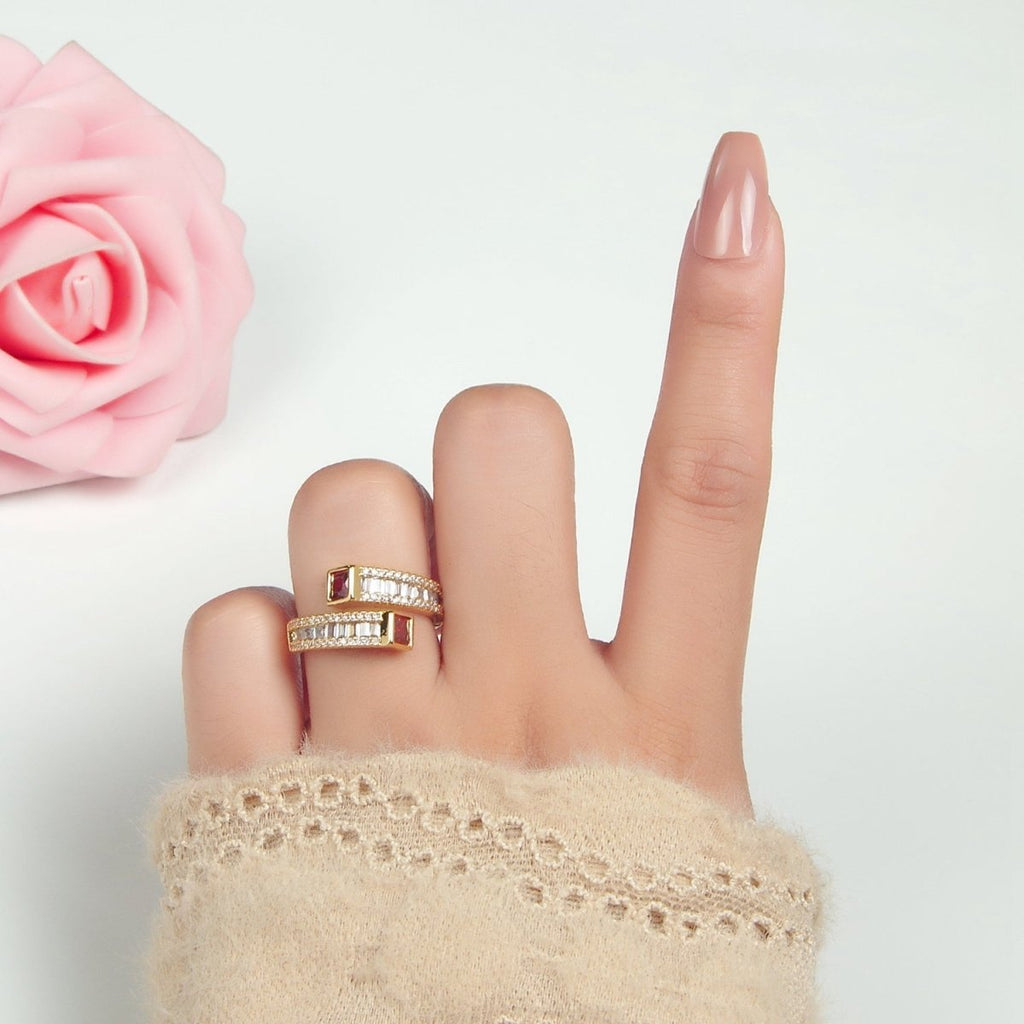 24K God plated Red, Green CZ Baguette Micro Paved Wrap Ring | U349 U366