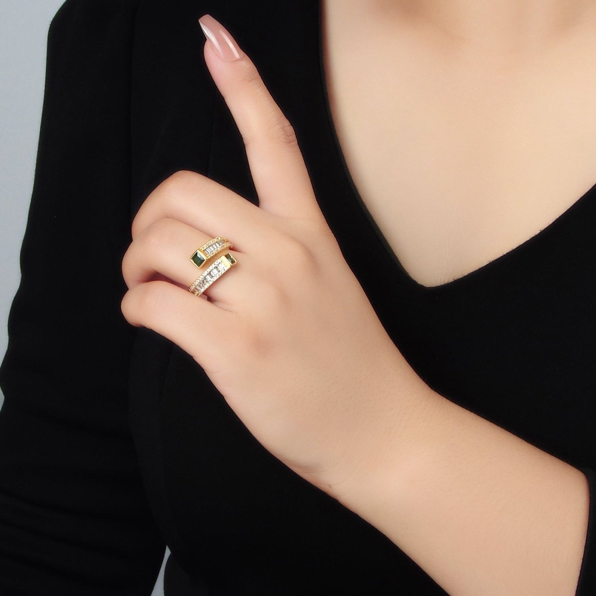 24K God plated Red, Green CZ Baguette Micro Paved Wrap Ring | U349 U366