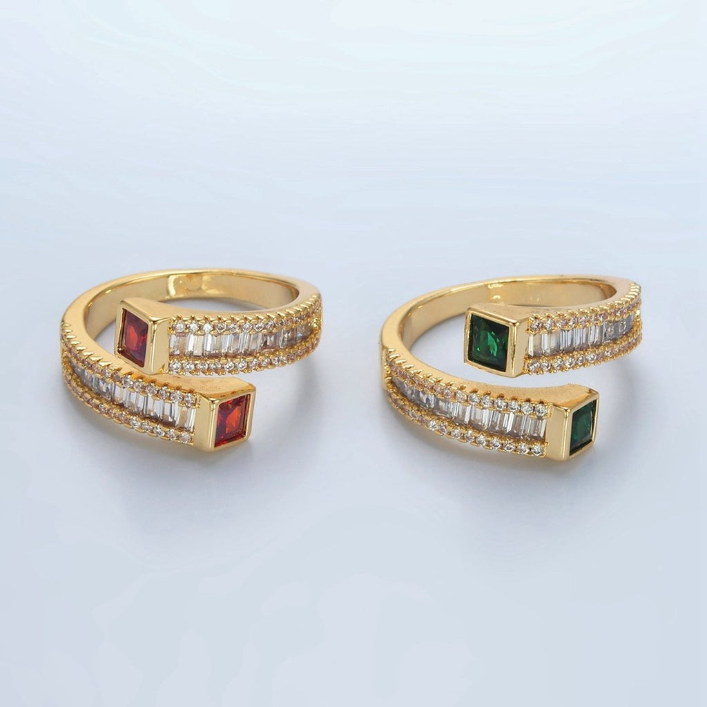 24K God plated Red, Green CZ Baguette Micro Paved Wrap Ring | U349 U366