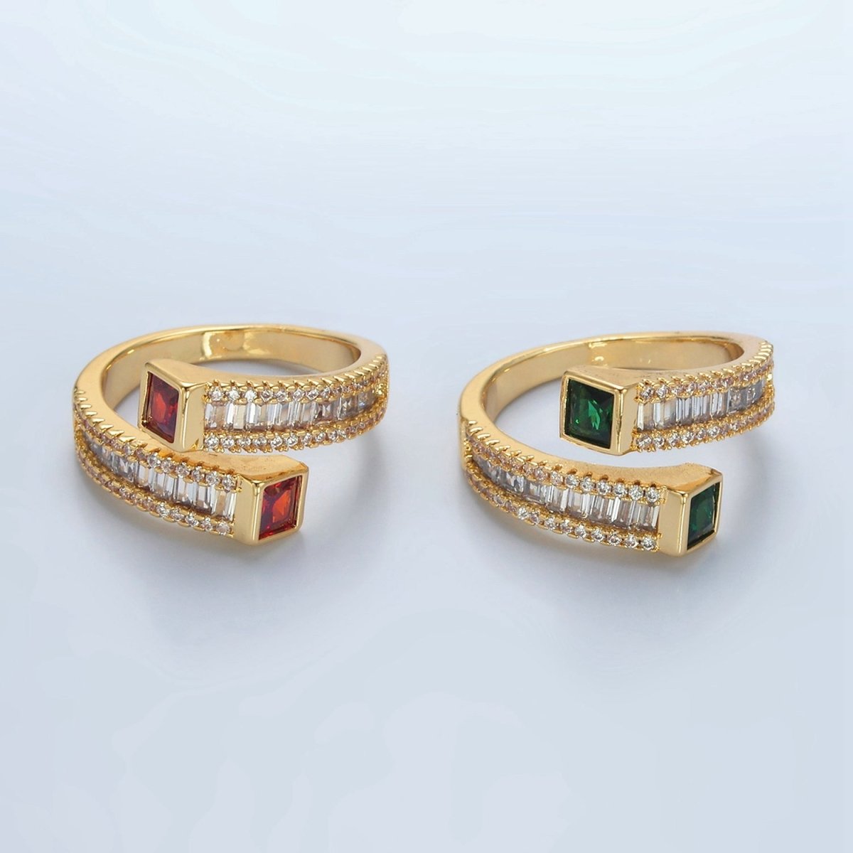 24K God plated Red, Green CZ Baguette Micro Paved Wrap Ring | U349 U366