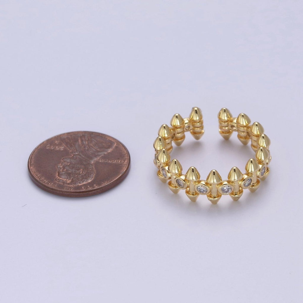 24K Gold Diamond Cubic Zirconia Spikes Multi-Row Ring in Gold & Silver, Adjustable Stud Ring S-352 S-353