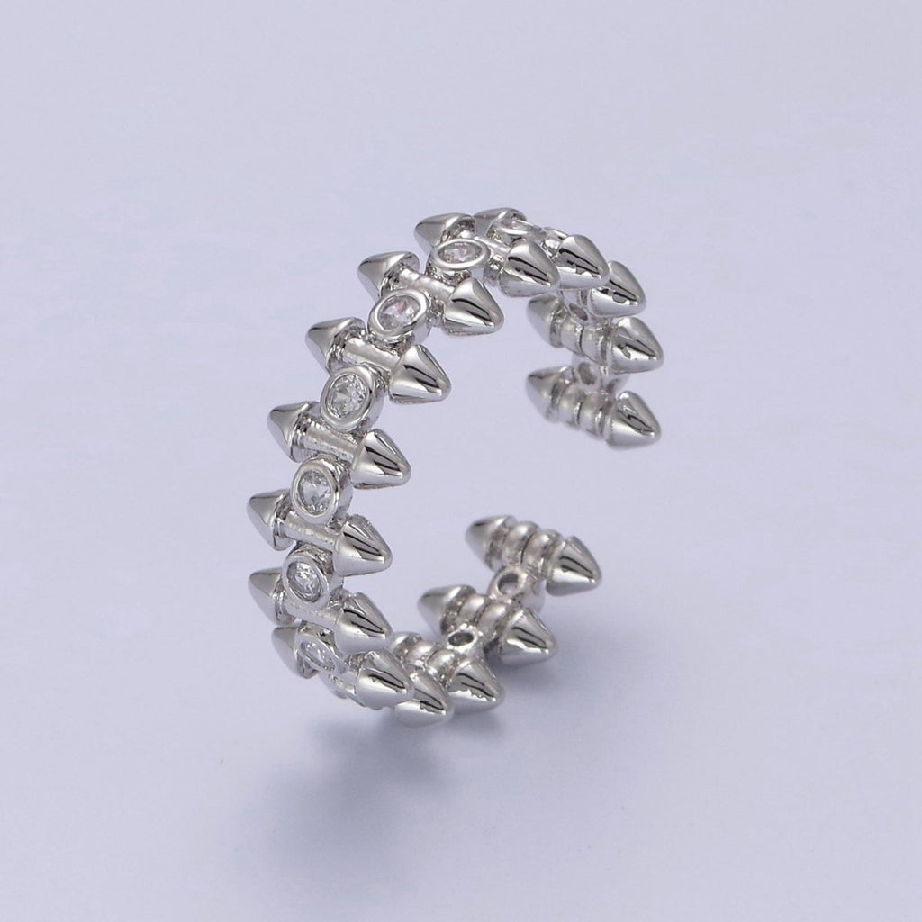 24K Gold Diamond Cubic Zirconia Spikes Multi-Row Ring in Gold & Silver, Adjustable Stud Ring S-352 S-353