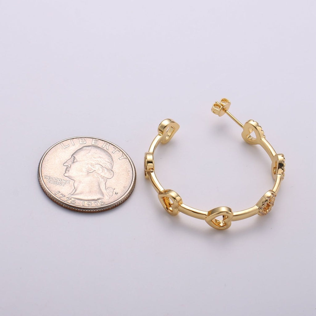 24k Gold Earrings, Hoop Earrings, Heart Hoop, CZ Circle Earring, Gift for Her, Earrings for Women, Everyday Wear Earring Q-535 - DLUXCA