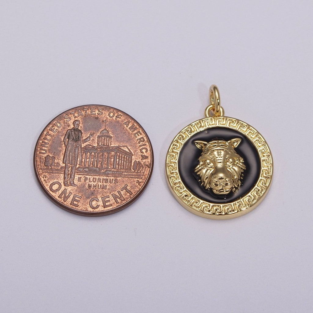 24k Gold Filed CZ Micro Pave Embossment Wolf Head On Round Coin Pendant Medallion Charm Cubic Zirconia M-904 M-905