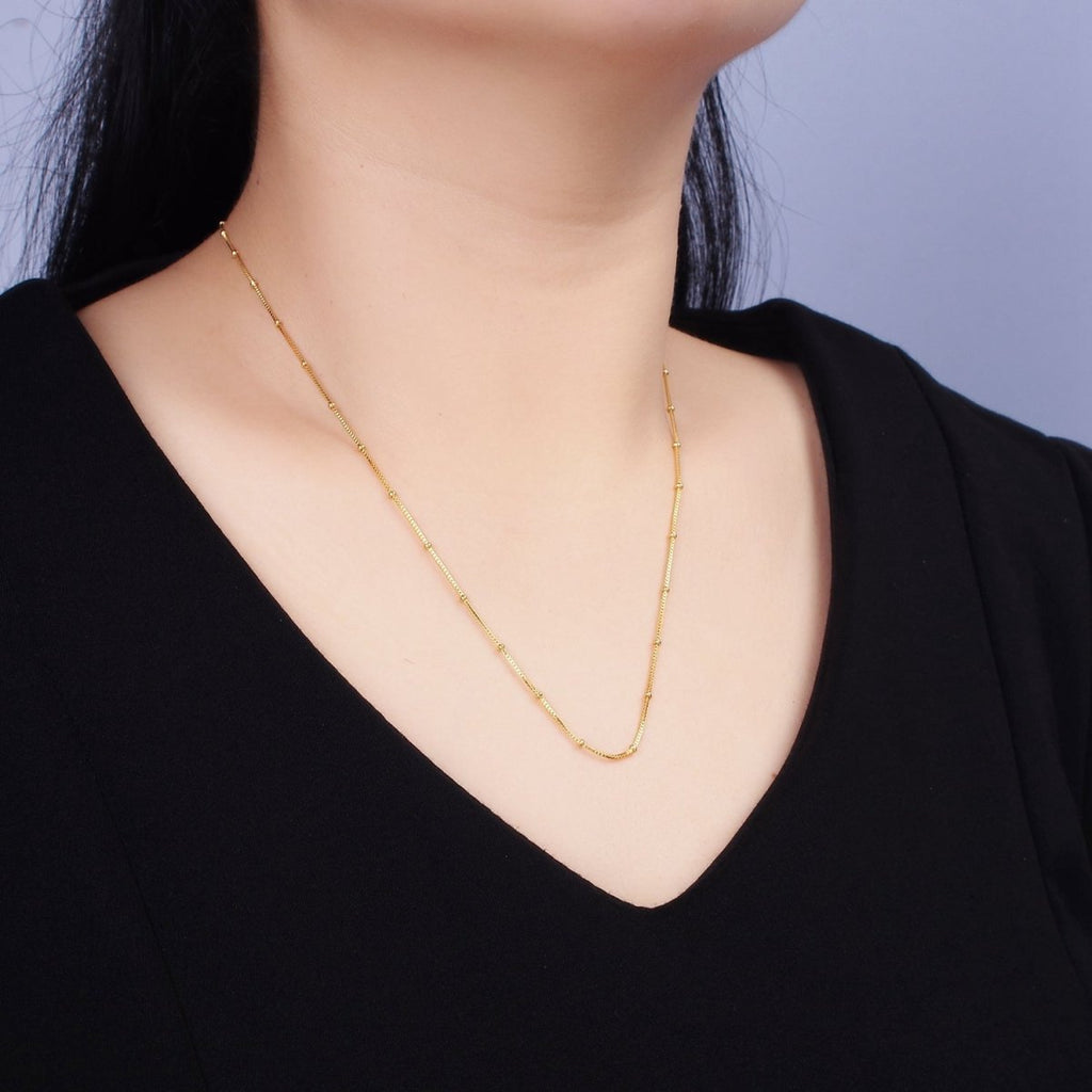 24K Gold plated 0.8mm Dainty Satellite Beaded Box Chain 18 Inch Layering Necklace | WA-1926 - DLUXCA