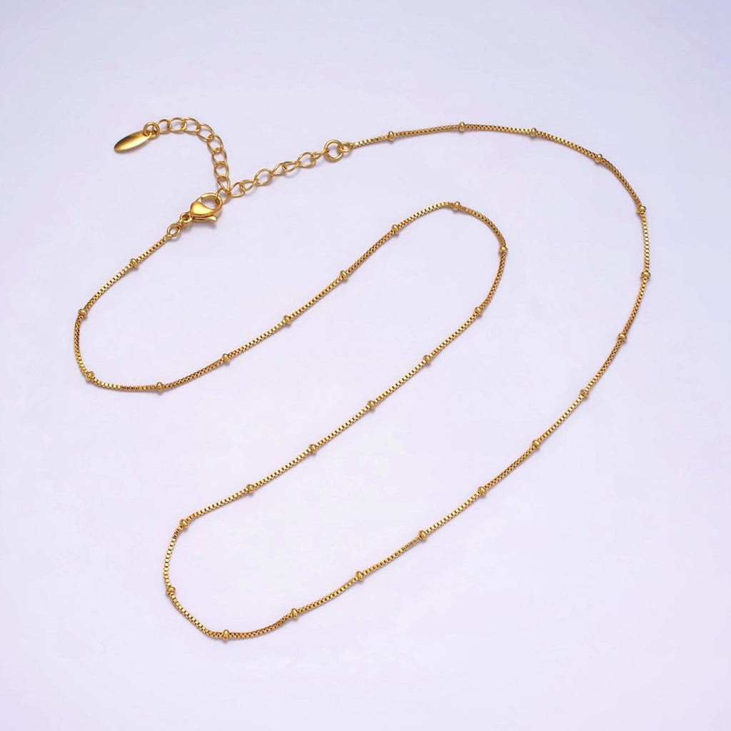 24K Gold plated 0.8mm Dainty Satellite Beaded Box Chain 18 Inch Layering Necklace | WA-1926 - DLUXCA