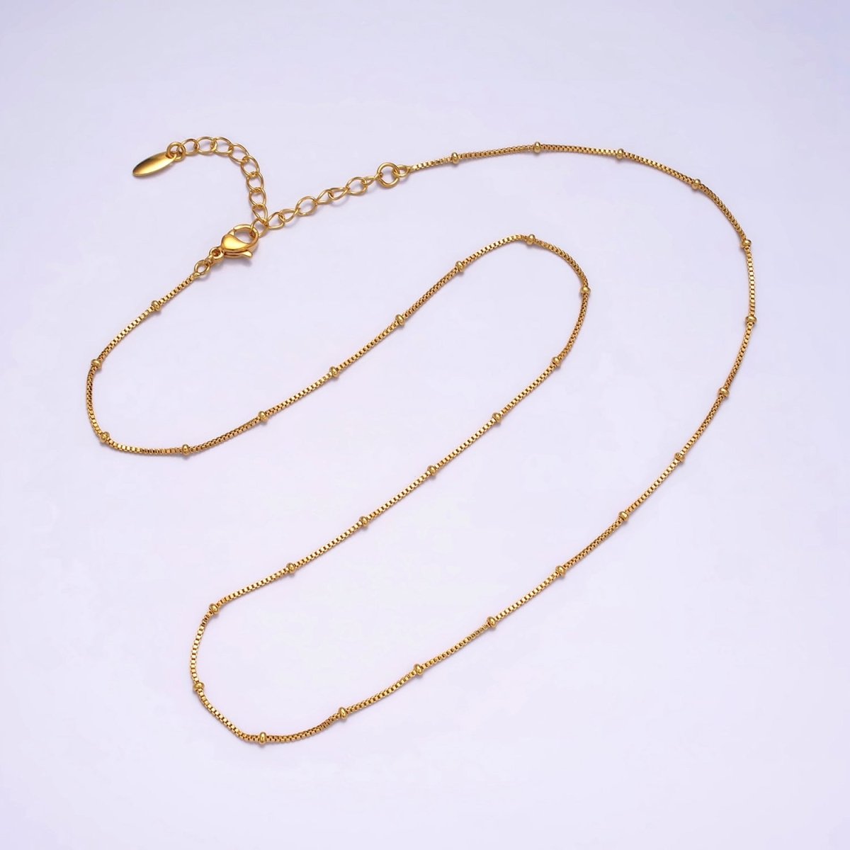 24K Gold plated 0.8mm Dainty Satellite Beaded Box Chain 18 Inch Layering Necklace | WA-1926 - DLUXCA