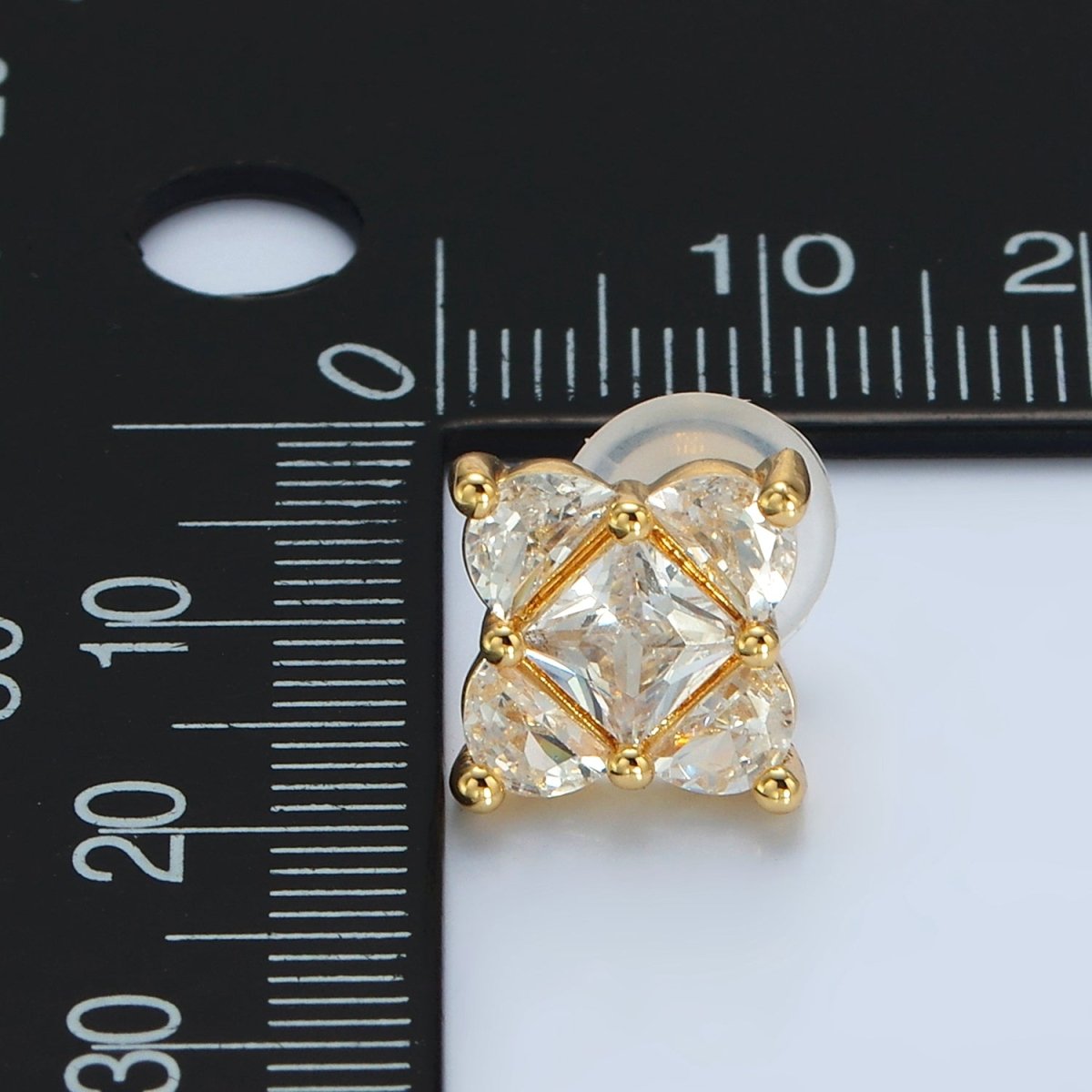 24K Gold plated 10.5mm Clear CZ Geometric Flower CZ Stud Earrings | AB1225 - DLUXCA