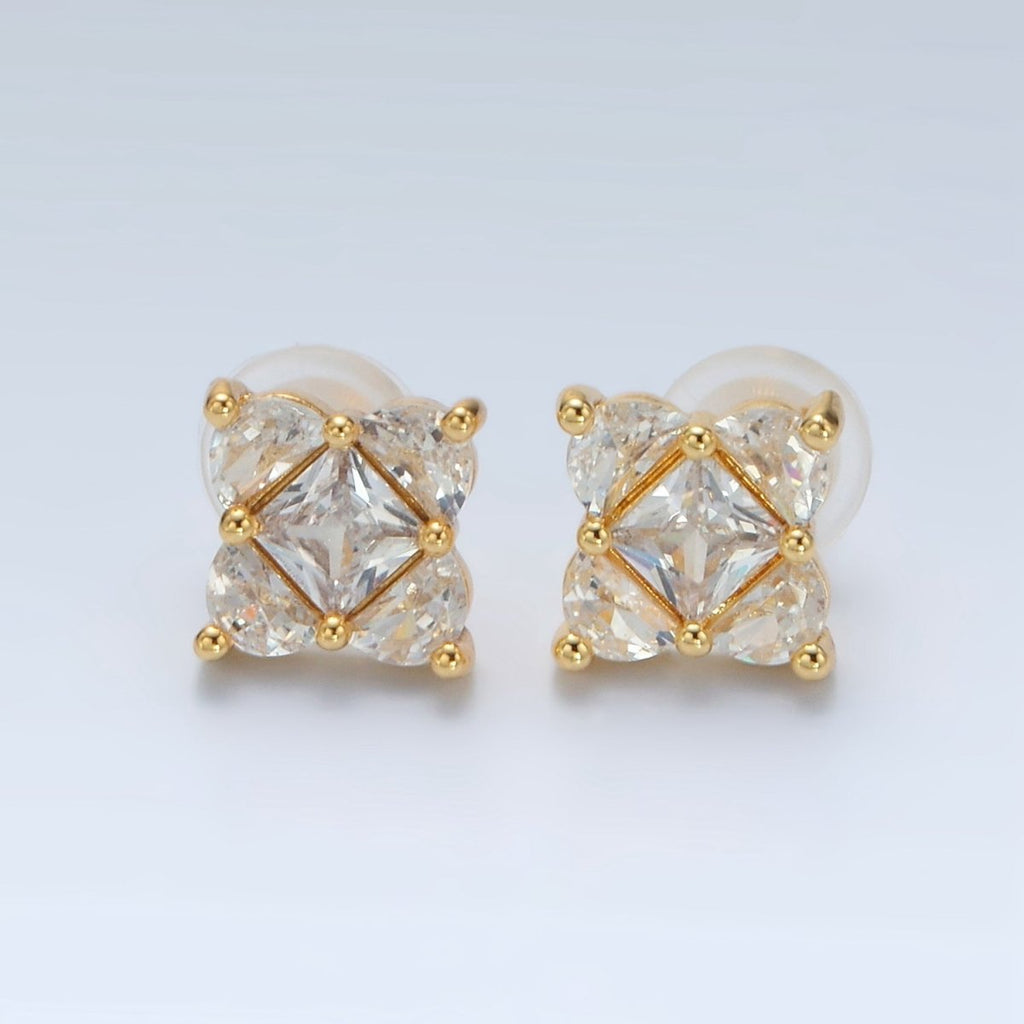 24K Gold plated 10.5mm Clear CZ Geometric Flower CZ Stud Earrings | AB1225 - DLUXCA
