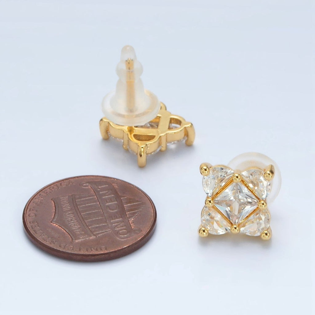 24K Gold plated 10.5mm Clear CZ Geometric Flower CZ Stud Earrings | AB1225 - DLUXCA