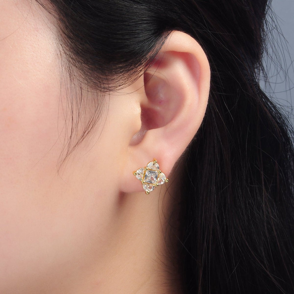24K Gold plated 10.5mm Clear CZ Geometric Flower CZ Stud Earrings | AB1225 - DLUXCA