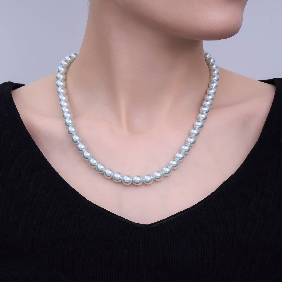 24K Gold plated 10mm, 8mm, 6mm, 4mm, 3mm Blue Round Shell Pearl 17 Inch Necklace | WA - 2805 ~ WA - 2809 