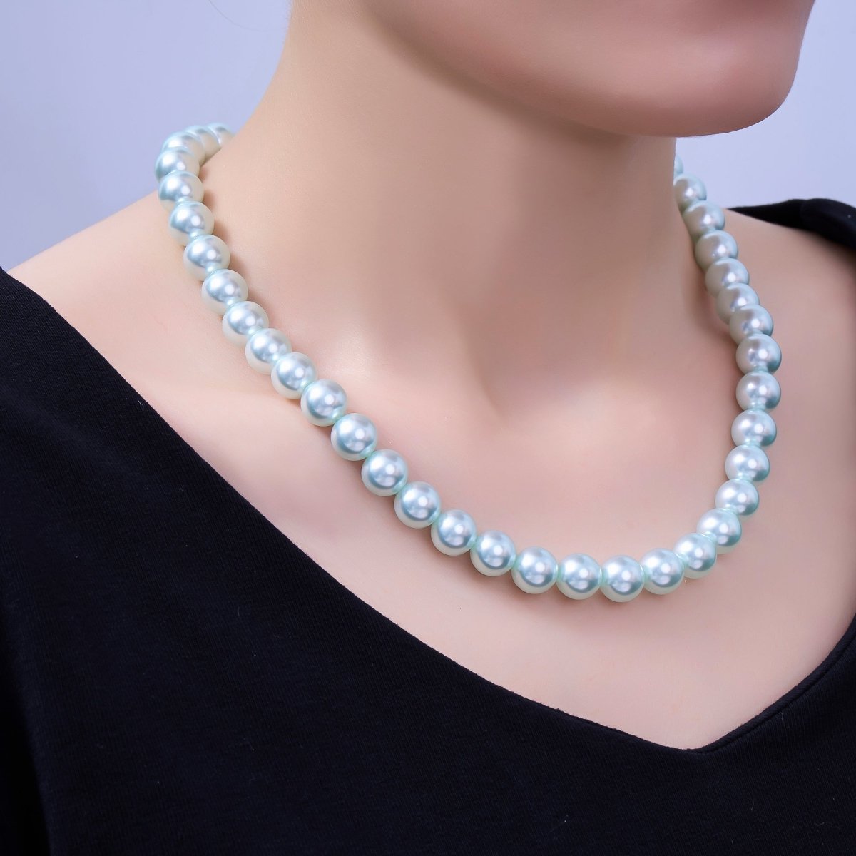24K Gold plated 10mm, 8mm, 6mm, 4mm, 3mm Blue Round Shell Pearl 17 Inch Necklace | WA - 2805 ~ WA - 2809 