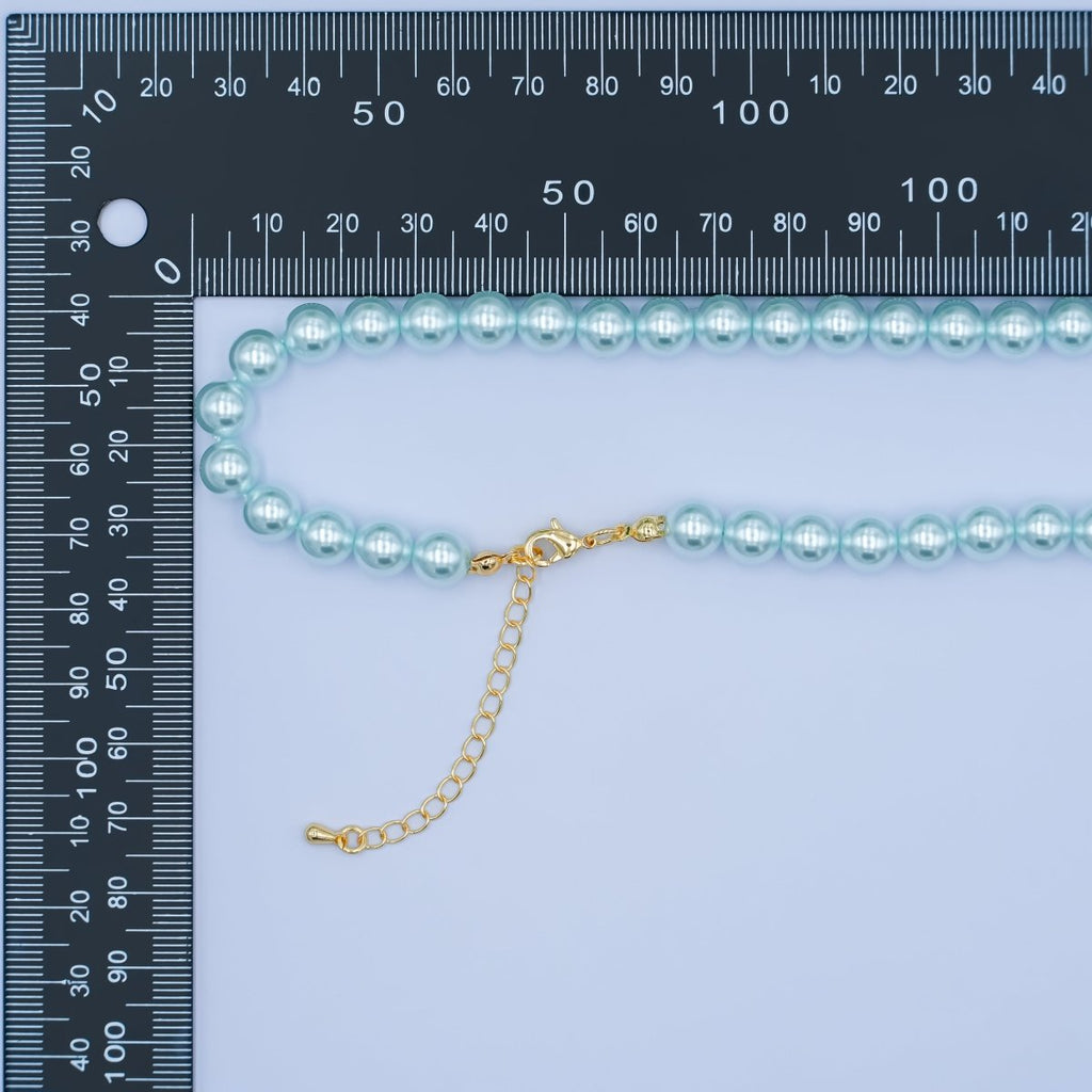 24K Gold plated 10mm, 8mm, 6mm, 4mm, 3mm Blue Round Shell Pearl 17 Inch Necklace | WA - 2805 ~ WA - 2809 
