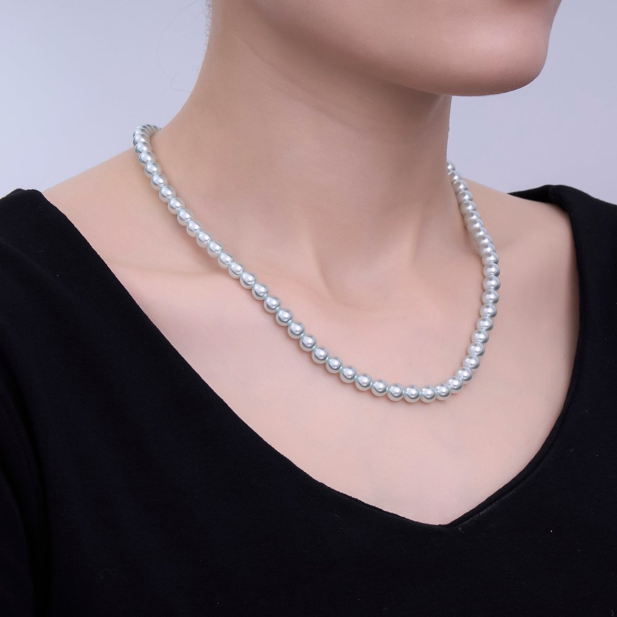 24K Gold plated 10mm, 8mm, 6mm, 4mm, 3mm Blue Round Shell Pearl 17 Inch Necklace | WA - 2805 ~ WA - 2809 