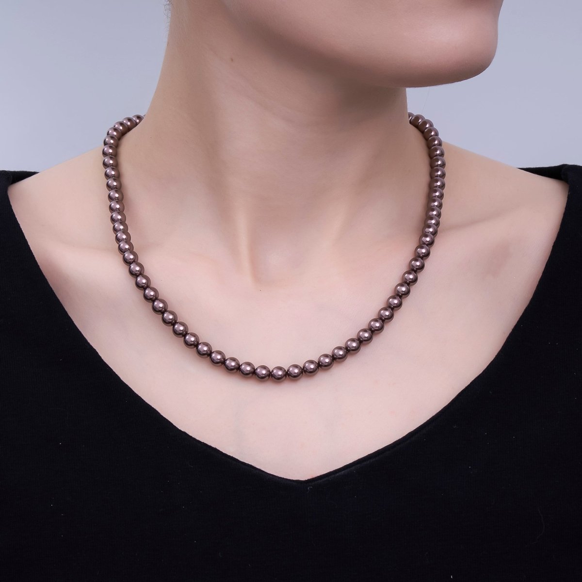 24K Gold plated 10mm, 8mm, 6mm, 4mm, 3mm Brown Round Shell Pearl 17 Inch Necklace | WA - 2815 ~ WA - 2819 