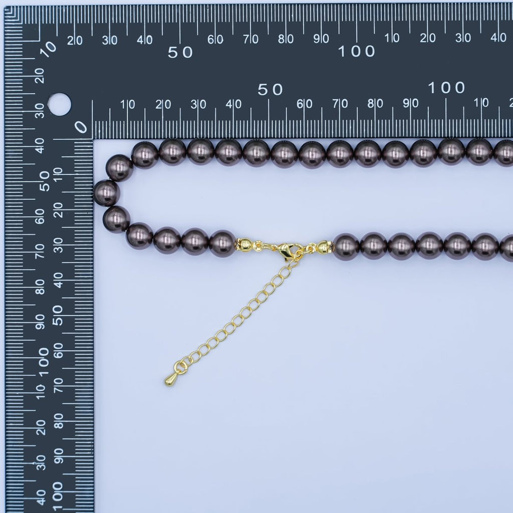 24K Gold plated 10mm, 8mm, 6mm, 4mm, 3mm Brown Round Shell Pearl 17 Inch Necklace | WA - 2815 ~ WA - 2819 
