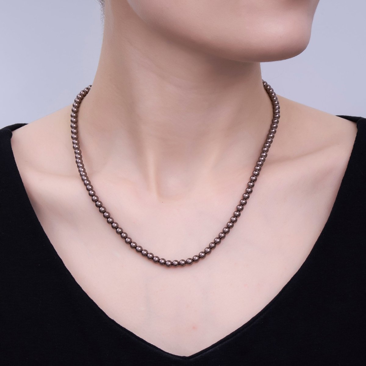 24K Gold plated 10mm, 8mm, 6mm, 4mm, 3mm Brown Round Shell Pearl 17 Inch Necklace | WA - 2815 ~ WA - 2819 
