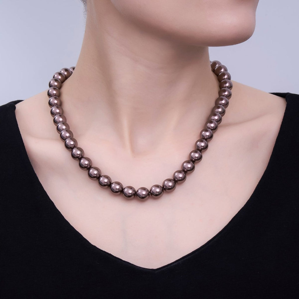 24K Gold plated 10mm, 8mm, 6mm, 4mm, 3mm Brown Round Shell Pearl 17 Inch Necklace | WA - 2815 ~ WA - 2819 