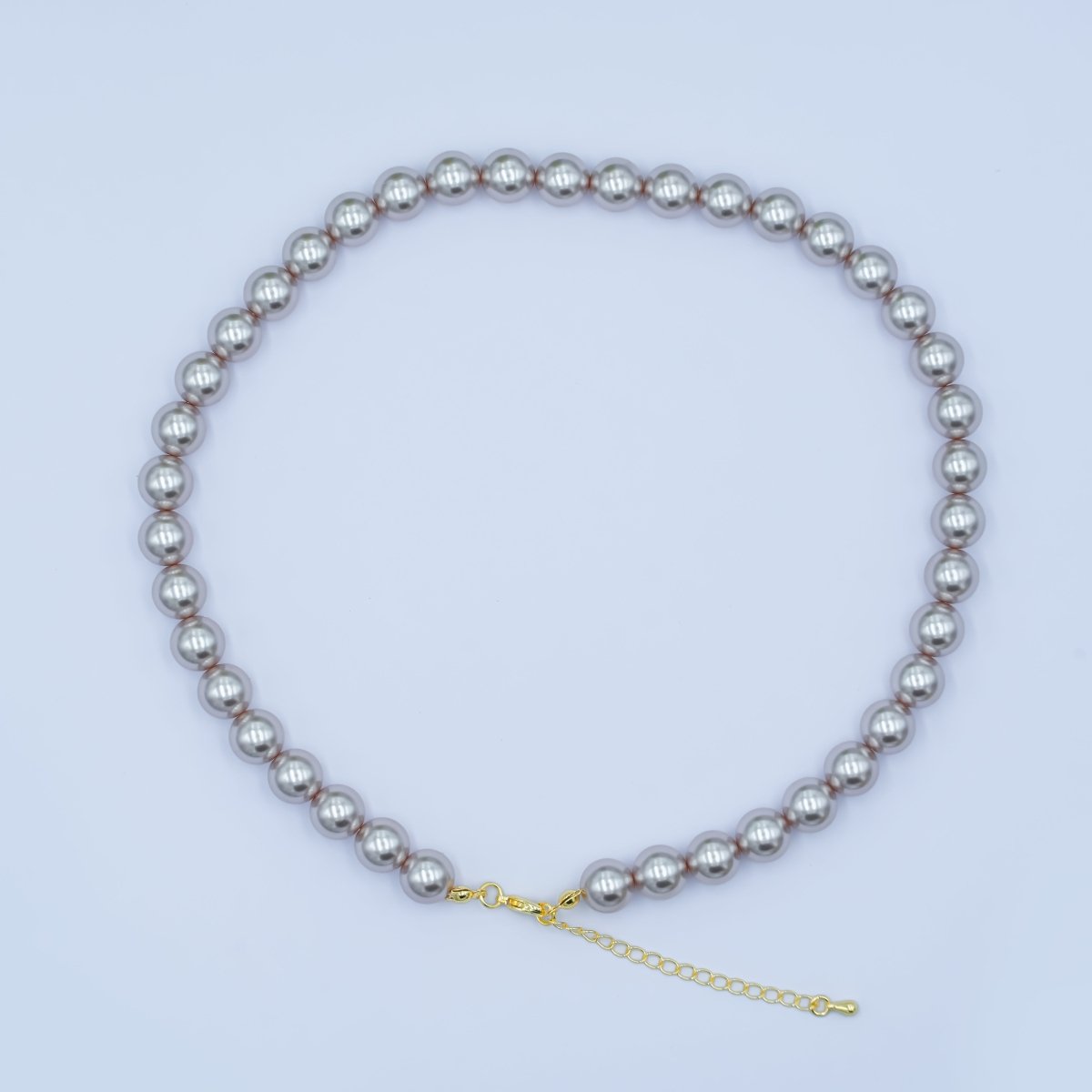 24K Gold plated 10mm, 8mm, 6mm, 4mm, 3mm Grey Round Shell Pearl 17 Inch Necklace | WA - 2826 ~ WA - 2830 