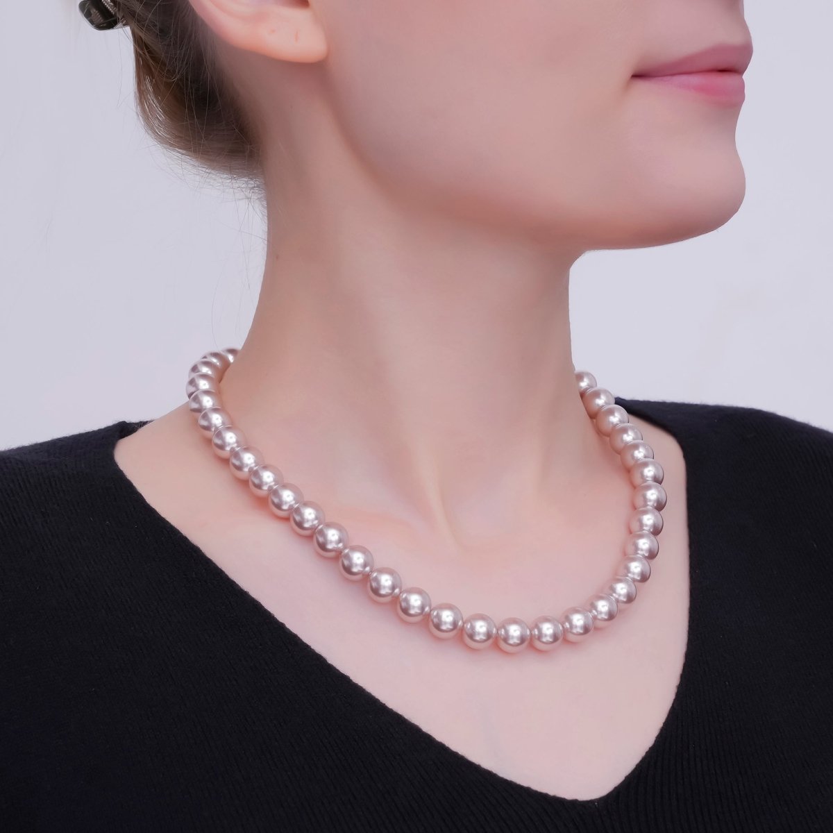 24K Gold plated 10mm, 8mm, 6mm, 4mm, 3mm Grey Round Shell Pearl 17 Inch Necklace | WA - 2826 ~ WA - 2830 