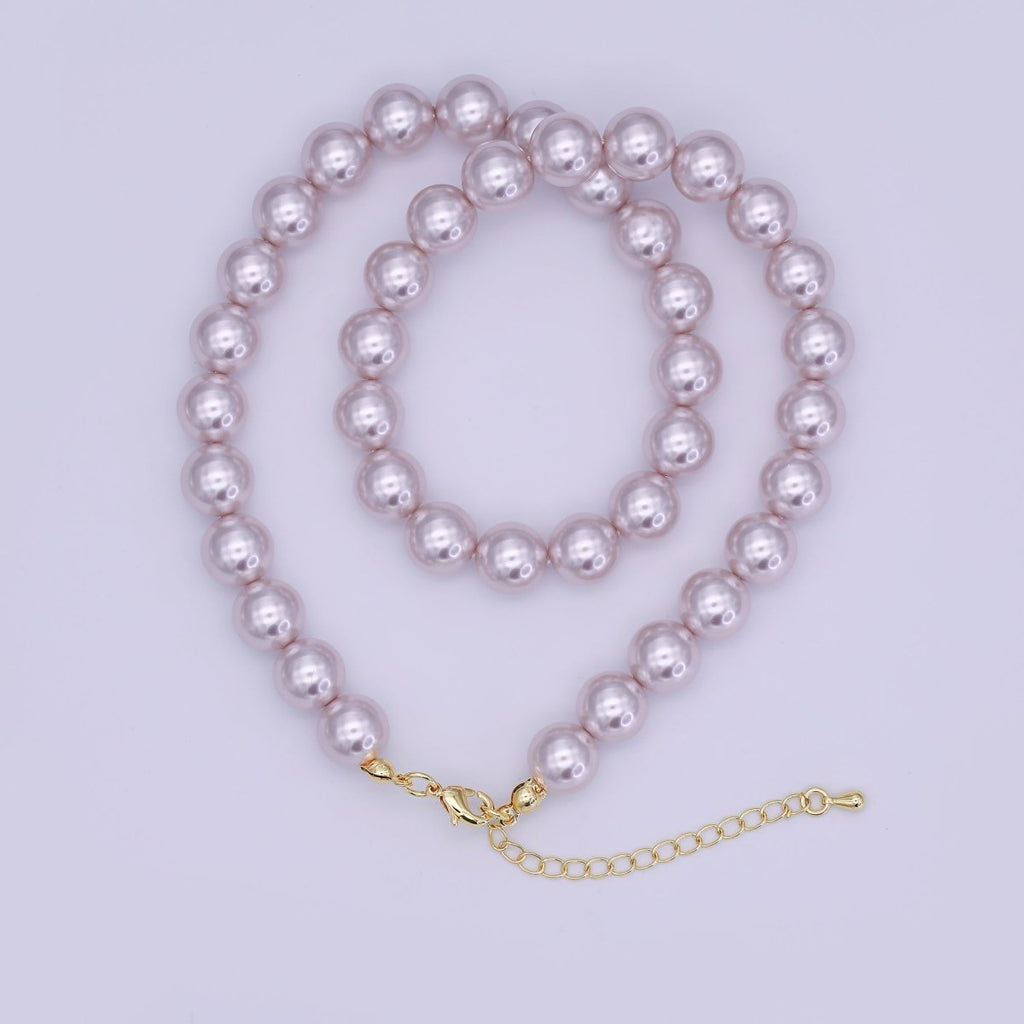 24K Gold plated 10mm, 8mm, 6mm, 4mm, 3mm Light Purple Round Shell Pearl 17 Inch Necklace | WA - 2838 ~ WA - 2842 