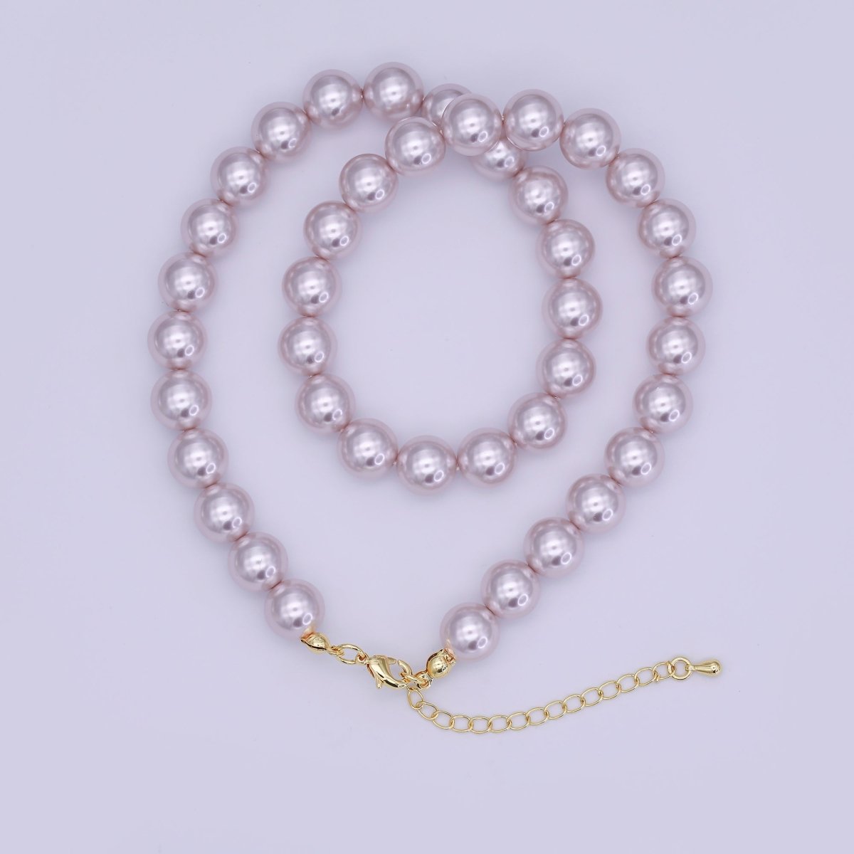 24K Gold plated 10mm, 8mm, 6mm, 4mm, 3mm Light Purple Round Shell Pearl 17 Inch Necklace | WA - 2838 ~ WA - 2842 