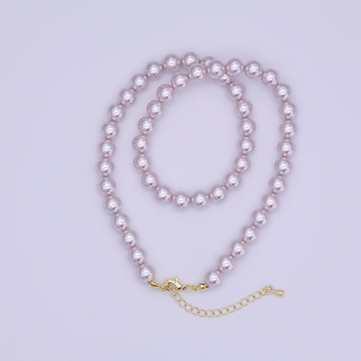 24K Gold plated 10mm, 8mm, 6mm, 4mm, 3mm Light Purple Round Shell Pearl 17 Inch Necklace | WA - 2838 ~ WA - 2842 